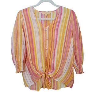 Hope and Harlow Women's Tie Front Striped V Neck 3/4 Sleeve Button Up Casual